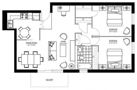 Floor plan for 2 beds, 1 bath, 945 sqft